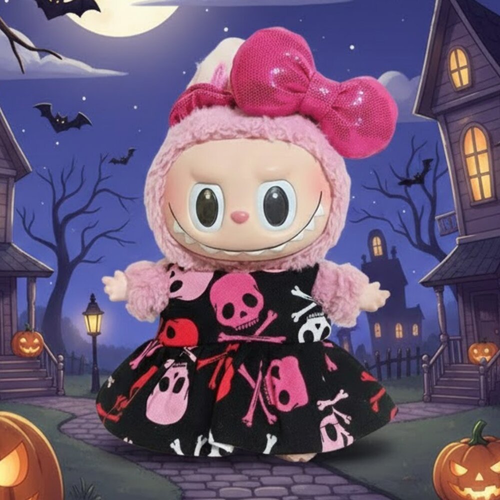 Halloween Skeleton Print Dress with Metallic Bow Labubu Outfit